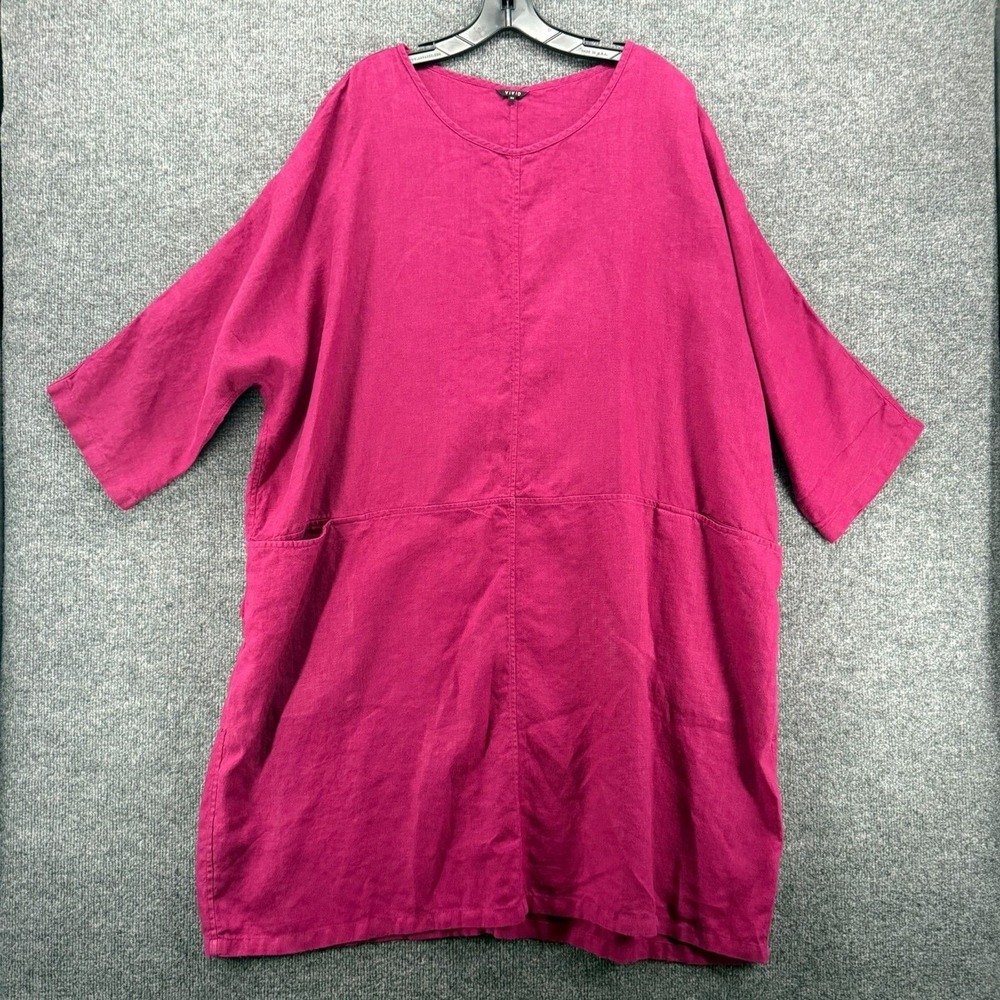 Vivid Dress Womens 3X Linen Purple V-Neck Pockets Shift Lagenlook Casual Coastal
